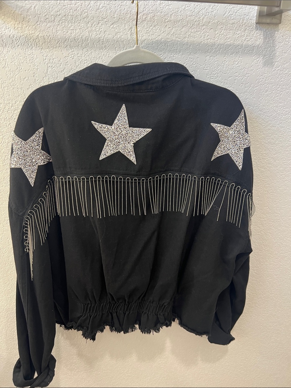 SHEIN Black Denim Jacket with Silver Glitter Stars & Silver Fringe Trim